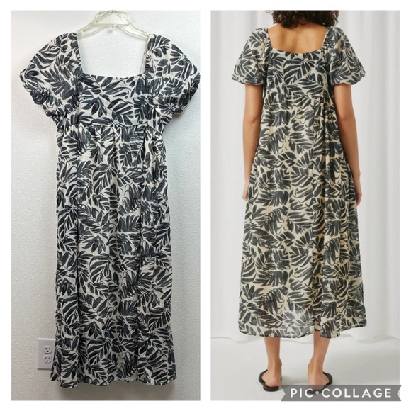 Hayden black & dark gray leaf print silk-organza - like square neck A line dress - Picture 2 of 8